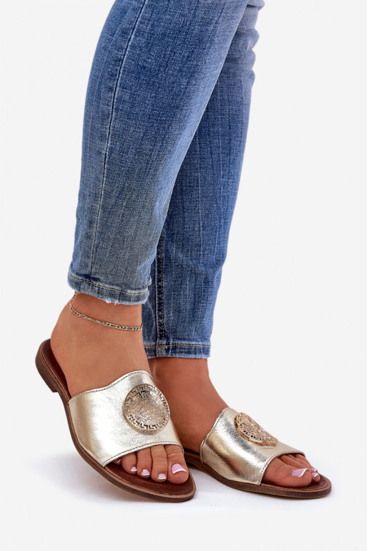 Zazoo 2938 Čibas no dabīgas ādas ar platiem papēžiem ar ornamentiem Zelta krāsas Zazoo 2938 Čibas no dabīgas ādas ar platiem papēžiem ar ornamentiem Zelta krāsas