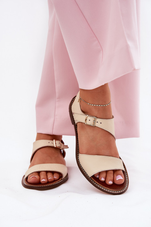 Ādas plakanās sieviešu sandales Zazoo 3014 smilšu krāsā