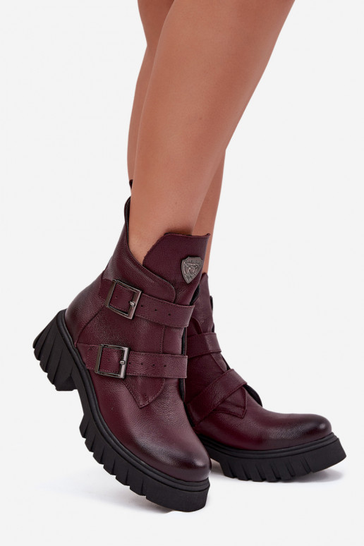 Ādas siltie sieviešu zābaki ar sprādzēm un dekoratīvām detaļām Zazoo 60482 bordo krāsā