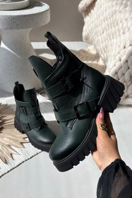 Ādas siltie sieviešu zābaki ar sprādzēm un grezniem elementiem, Zazoo 60482, haki krāsā