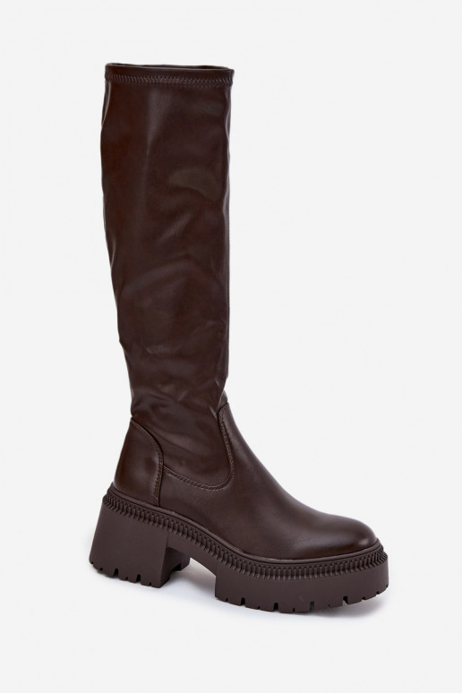 Sieviešu garie zābaki uz masīviem papēžiem un platformas, iekāpjamais modelis brūnā krāsā Florinne