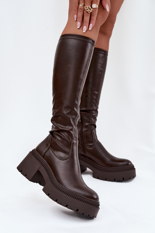 Sieviešu garie zābaki uz masīviem papēžiem un platformas, iekāpjamais modelis brūnā krāsā Florinne