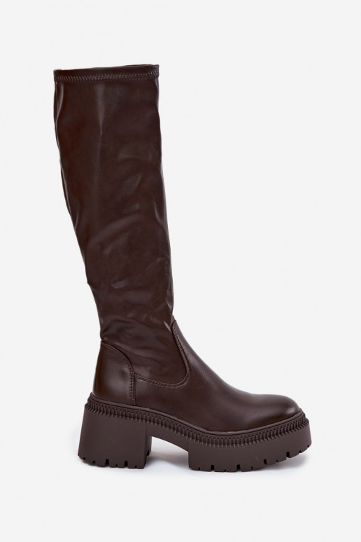 Sieviešu garie zābaki uz masīviem papēžiem un platformas, iekāpjamais modelis brūnā krāsā Florinne