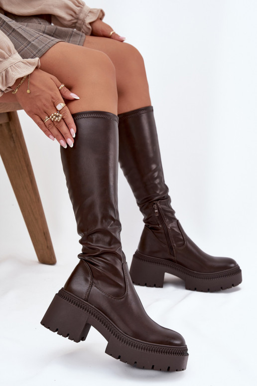 Sieviešu garie zābaki uz masīviem papēžiem un platformas, iekāpjamais modelis brūnā krāsā Florinne