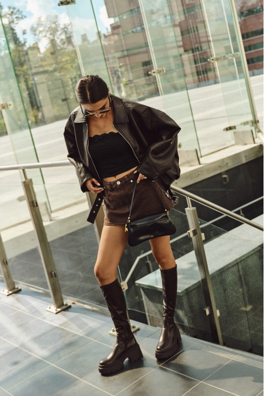 Sieviešu garie zābaki uz masīviem papēžiem un platformas, iekāpjamais modelis brūnā krāsā Florinne