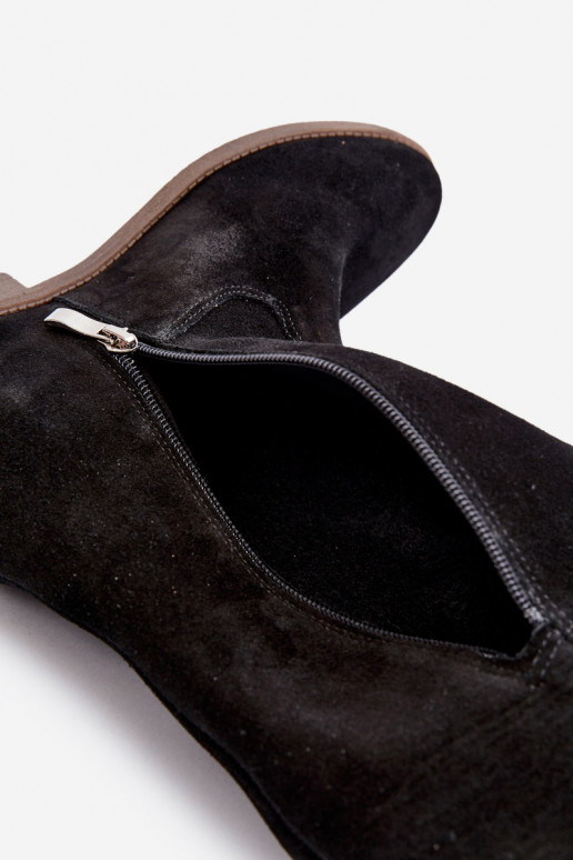 Zazoo 3407 zamšādas garie zābaki  ar platiem papēžiem Melns