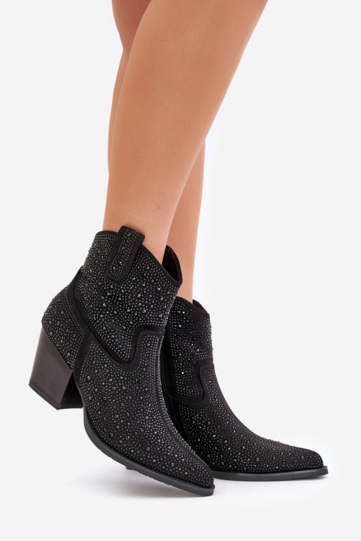 Dekorētas kovboju stila puszābaki ar papēdi Z Noskami Apavi ar spicu purngalu S.Barski HY42-121 Melns