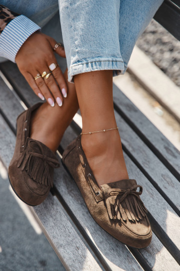 Sieviešu mokasīni ar bārkstīm un kokardu haki krāsā "Olivianne"