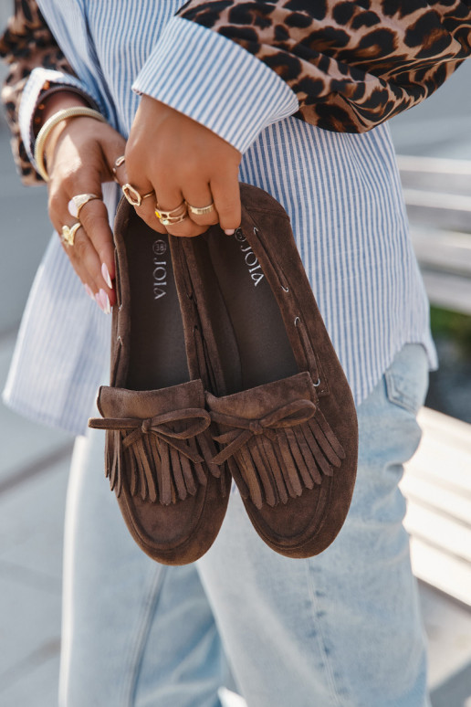 Sieviešu mokasīni ar bārkstīm un kokardu haki krāsā "Olivianne"