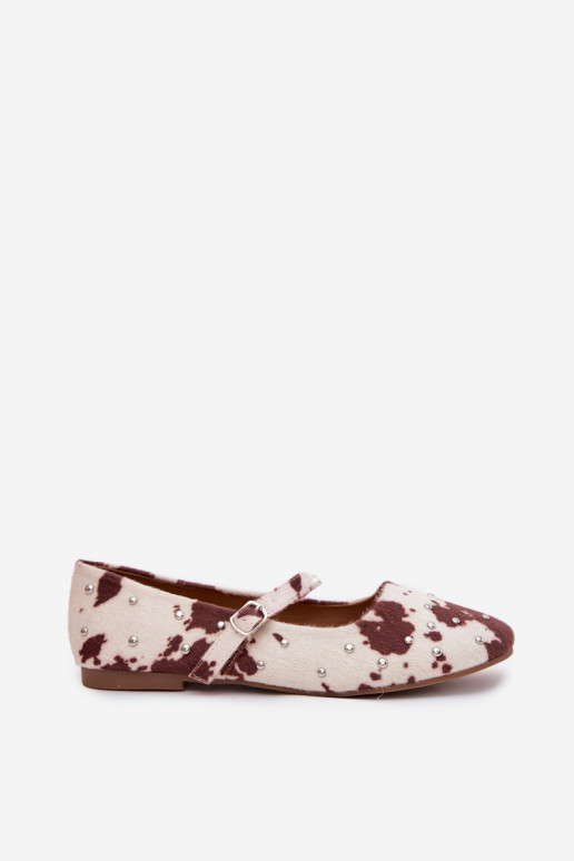 Dekorētas sieviešu balerīnas ar siksnām rakstiem baltā-brūnā krāsā Olivisse Dekorētas sieviešu balerīnas ar siksnām rakstiem baltā-brūnā krāsā Olivisse