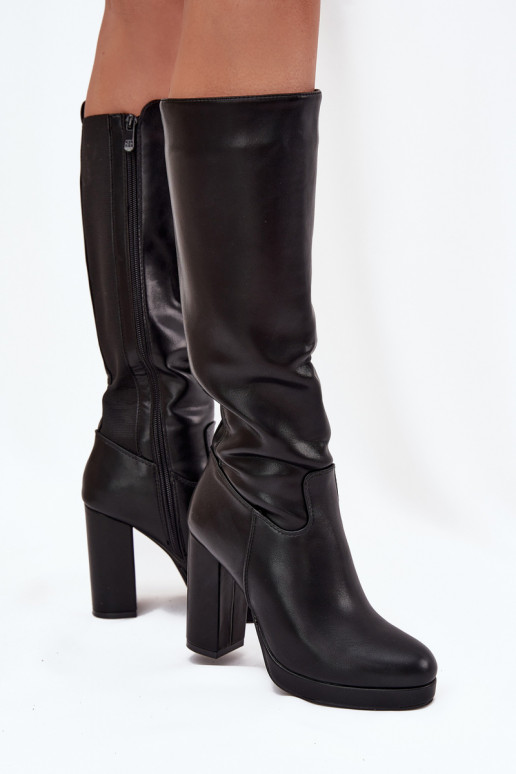 Sieviešu garie zābaki līdz ceļiem ar papēžiem, eko ādā, melnā krāsā Thalina