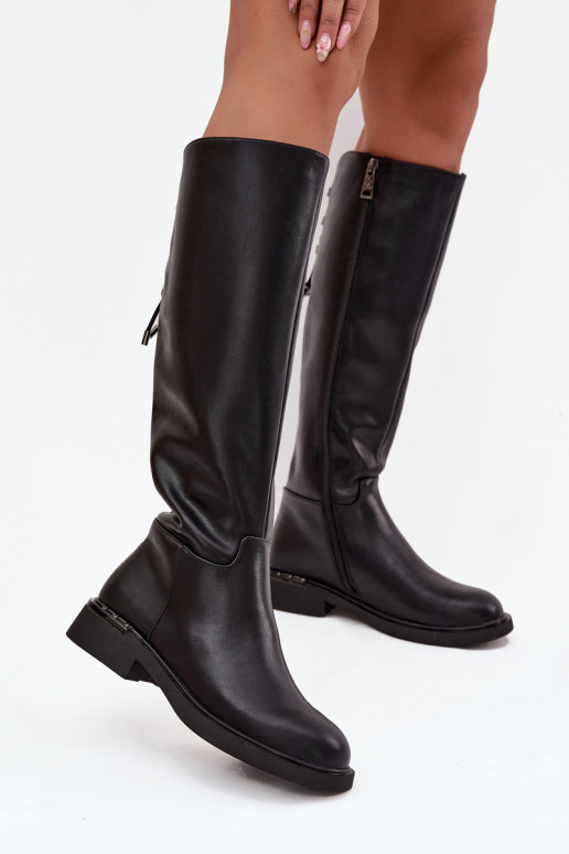 siltināti sieviešu garie zābaki Z Naturalnej Skóry ar platiem papēžiem Vinceza 66822 Melns