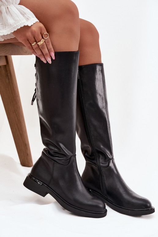 siltināti sieviešu garie zābaki Z Naturalnej Skóry ar platiem papēžiem Vinceza 66822 Melns