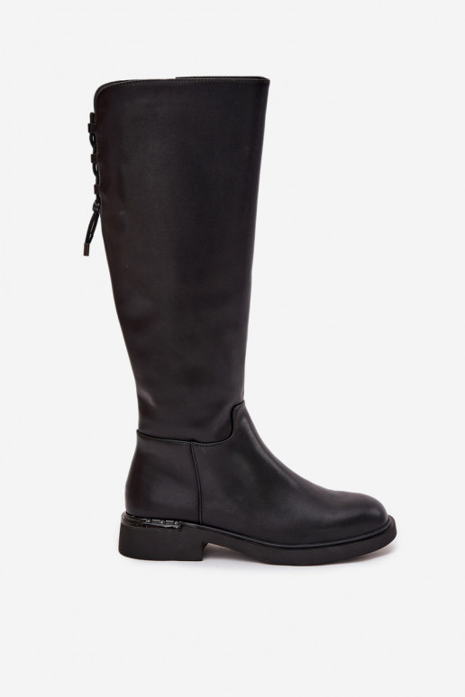 siltināti sieviešu garie zābaki Z Naturalnej Skóry ar platiem papēžiem Vinceza 66822 Melns