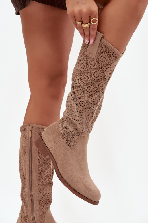 sieviešu garie zābaki  ar platiem papēžiem S.Barski HY52-534 smilšu krāsas sieviešu garie zābaki  ar platiem papēžiem S.Barski HY52-534 smilšu krāsas