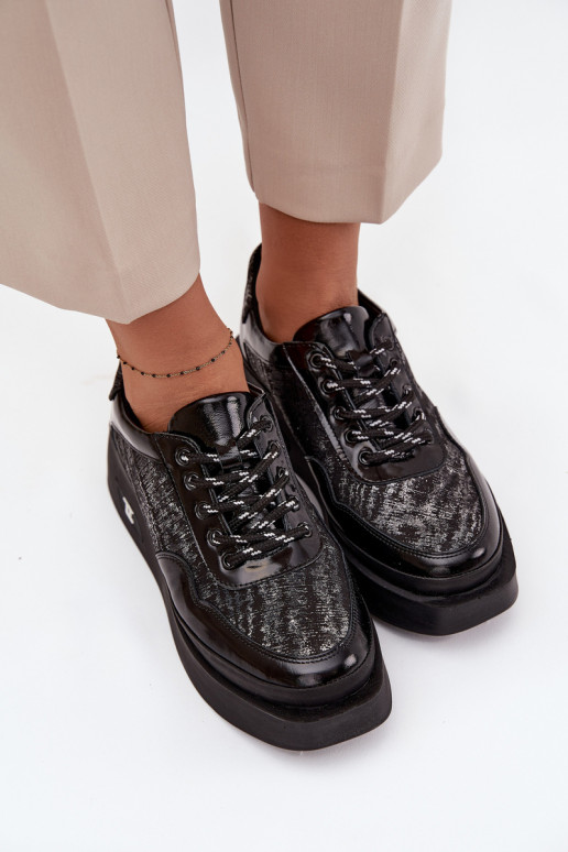 Ādas sieviešu kurpes ar šņorēm un platformu Artiker 57C2043, melnā un sudraba krāsā