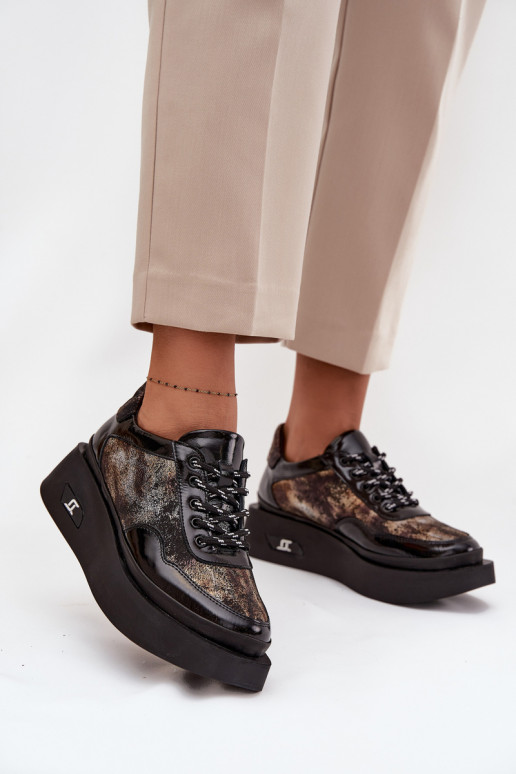 Ādas sieviešu kurpes ar šņorēm un platformu Artiker 57C2042, melnā un zelta krāsā