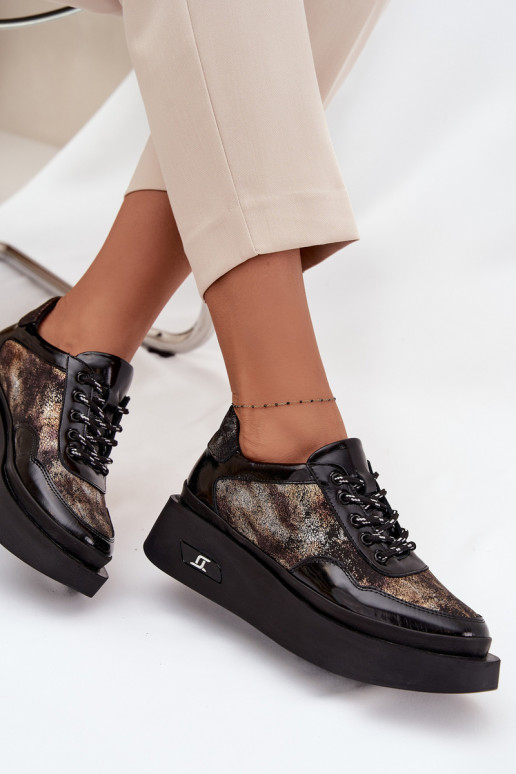 Ādas sieviešu kurpes ar šņorēm un platformu Artiker 57C2042, melnā un zelta krāsā