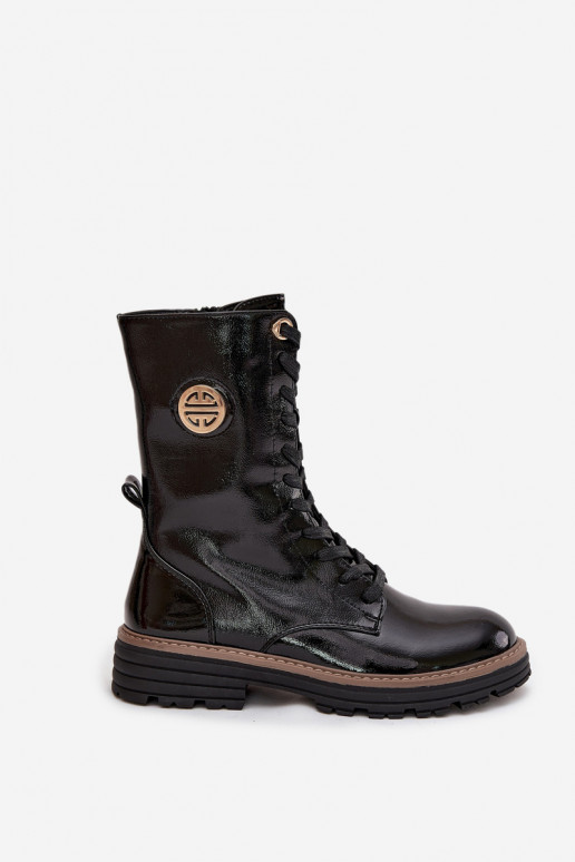 lakuoti darba sieviešu potīšu apavi ar zelta krāsas detaļām siltināti melnā krāsā Dorialine