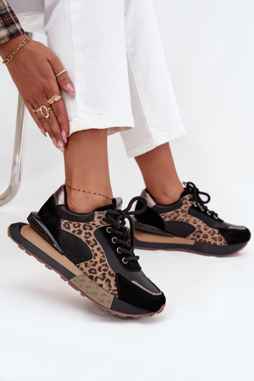 Ādas sieviešu sporta stila apavi ar platformu un leoparda kažokādas rakstiem Artiker 55C0134 melnā krāsā
