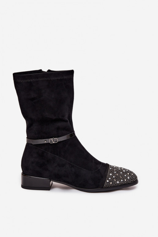 Sieviešu zābaki uz zema papēža ar dekorāciju un lentītēm D&A MR52-165 melnā krāsā