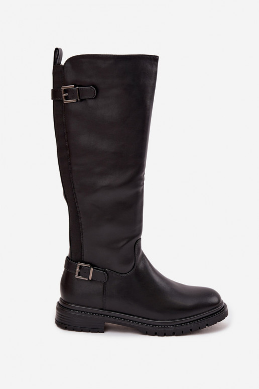 siltināti sieviešu garie zābaki ar platiem papēžiem ar sprādzēm Melns Sorelle