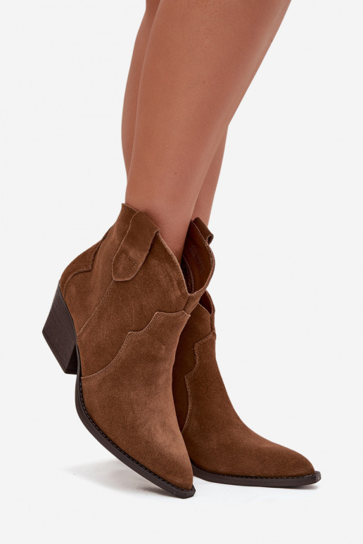 Ievilktie cowboy stila sieviešu zābaciņi no dabīgā zamša Beretta brūnā krāsā