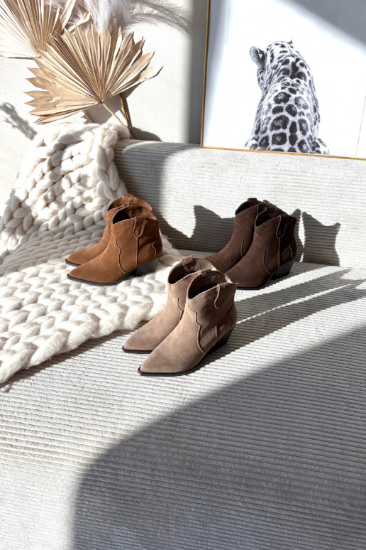 Ievilktie cowboy stila sieviešu zābaciņi no dabīgā zamša Beretta brūnā krāsā