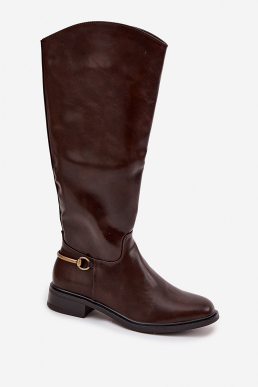 siltināti sieviešu garie zābaki ar platiem papēžiem Ar greznu Detalem CzekoladoIne Renaya