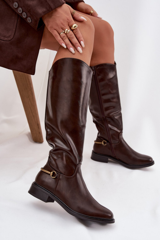 siltināti sieviešu garie zābaki ar platiem papēžiem Ar greznu Detalem CzekoladoIne Renaya