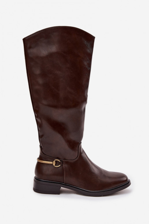 siltināti sieviešu garie zābaki ar platiem papēžiem Ar greznu Detalem CzekoladoIne Renaya