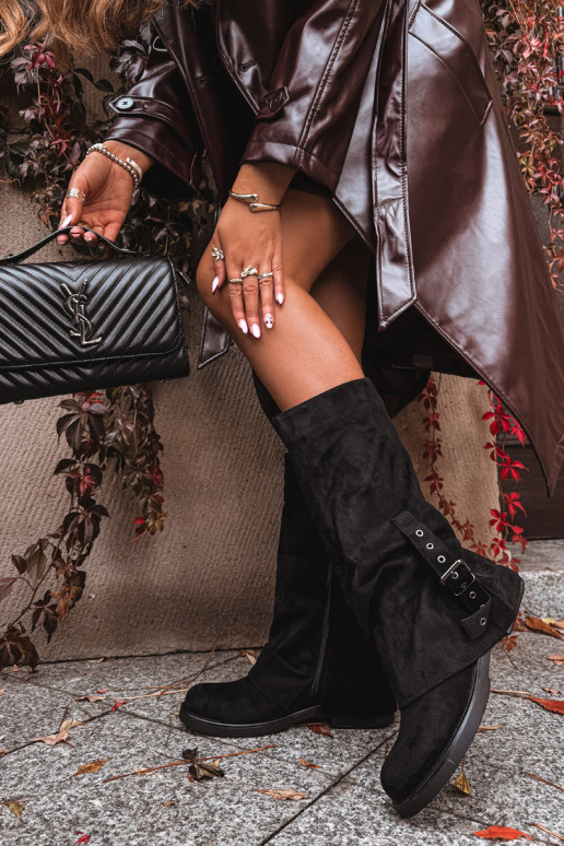 sieviešu garie zābaki Ar savilktu augšdaļu I ar sprādzēm melnas krāsas Ophelis sieviešu garie zābaki Ar savilktu augšdaļu I ar sprādzēm melnas krāsas Ophelis