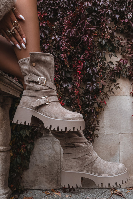 Sieviešu puszābaki Uz masīviem papēžiem ar sprādzēm I Svītrasem smilšu krāsas Nerelisa