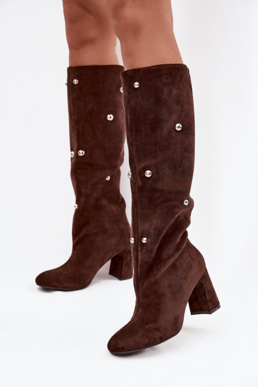 Siltie sieviešu gari zābaki ar papēžiem un greznām detaļām šokolādes krāsā Lucinda