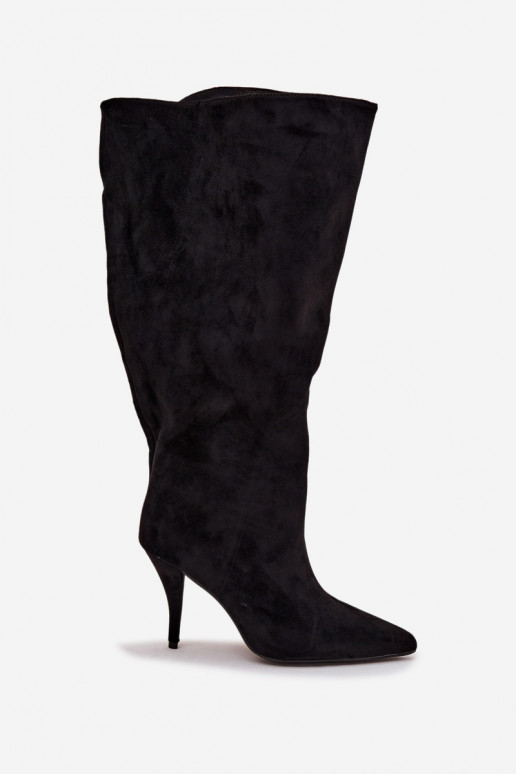 Paslīdēt uz sieviešu garie zābaki ar papēdiEko zamšādau melnas krāsas Noretta Paslīdēt uz sieviešu garie zābaki ar papēdiEko zamšādau melnas krāsas Noretta