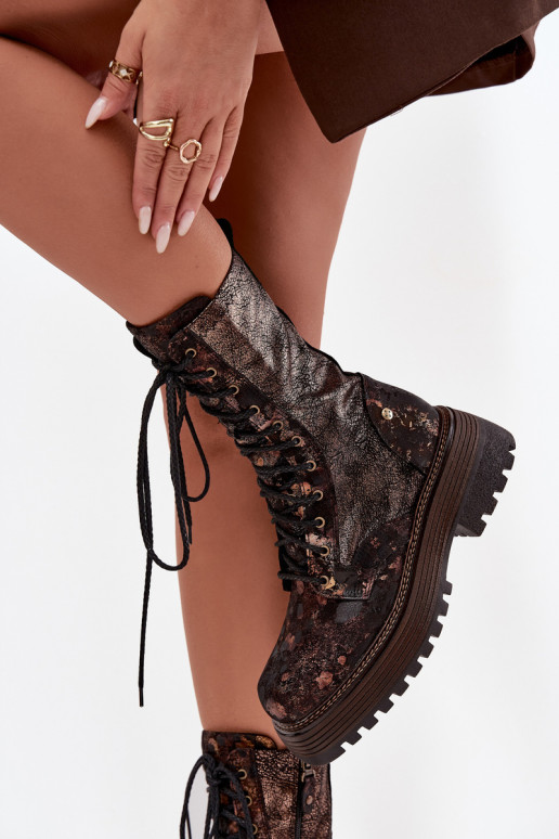 Sieviešu puszābaki no dabīgas ādas zābaki  06203-32 brūnas krāsas-Zelta krāsas Sieviešu puszābaki no dabīgas ādas zābaki  06203-32 brūnas krāsas-Zelta krāsas