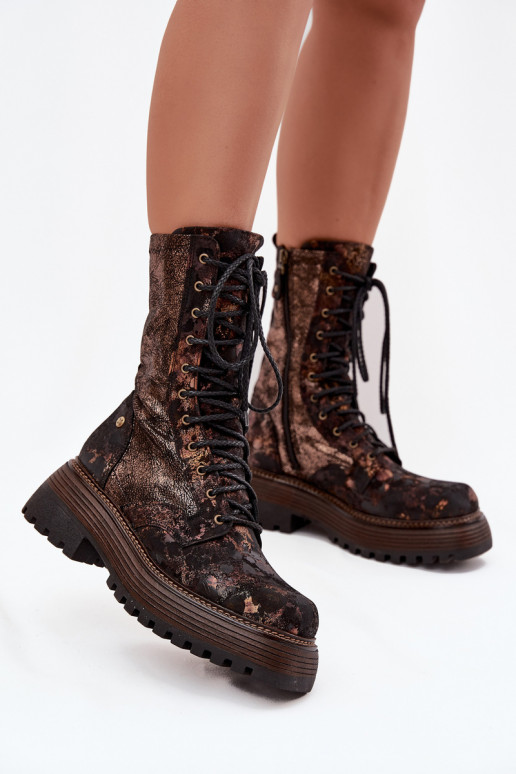 Sieviešu puszābaki no dabīgas ādas zābaki  06203-32 brūnas krāsas-Zelta krāsas Sieviešu puszābaki no dabīgas ādas zābaki  06203-32 brūnas krāsas-Zelta krāsas