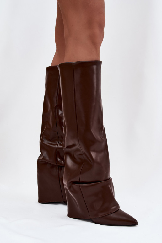 siltināti sieviešu garie zābaki Z Wywiniętą Cholewką ar papēdi Czekoladowe Elivira