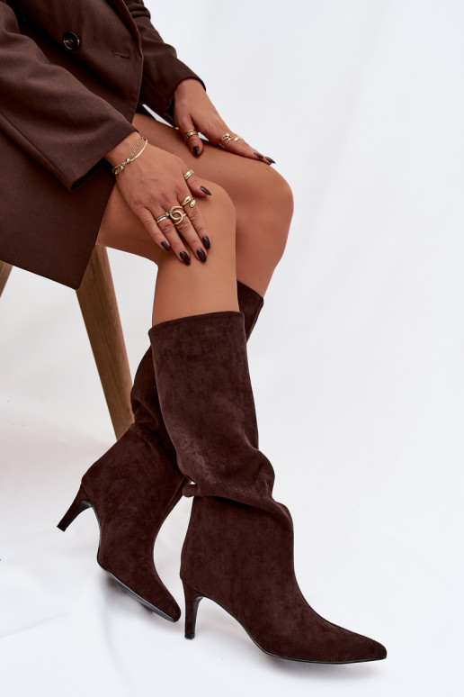 sieviešu garie zābaki  siltināti ar papēdi Czekoladowe Olivienne