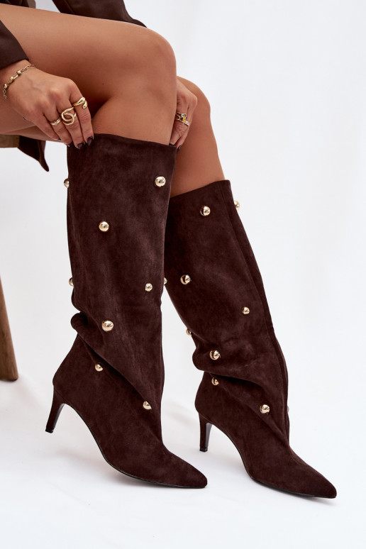  sieviešu garie zābaki ar papēdi Ze Zelta krāsasmi Ozdobami Czekoladowe Thaliane