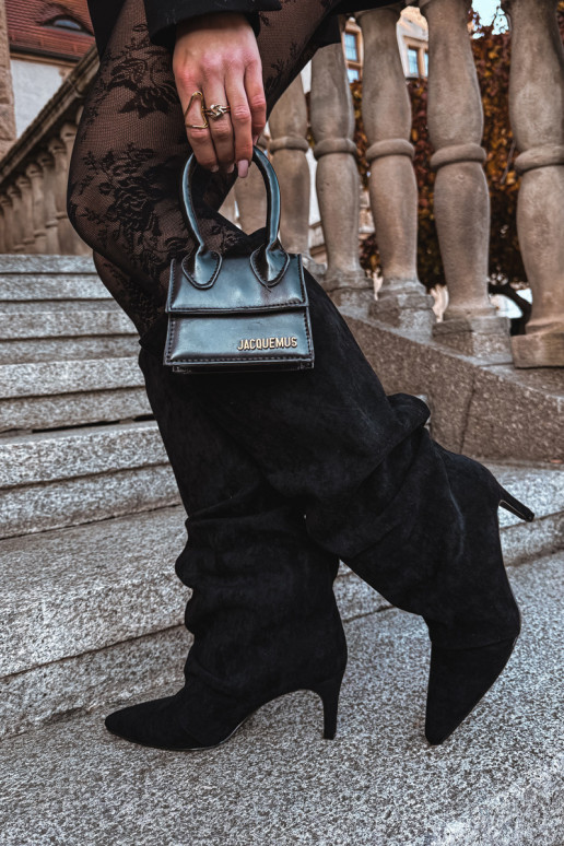 Melna krāsa saraukta siltināti garie zābaki ar plāniem papēžiem no mākslīgā zamša Tai turivella