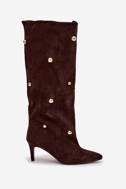 Šokolādes krāsa iespiežamā modeļa sieviešu garie zābaki ar plāniem papēžiem un zelta krāsas rotājumiem Thaliane