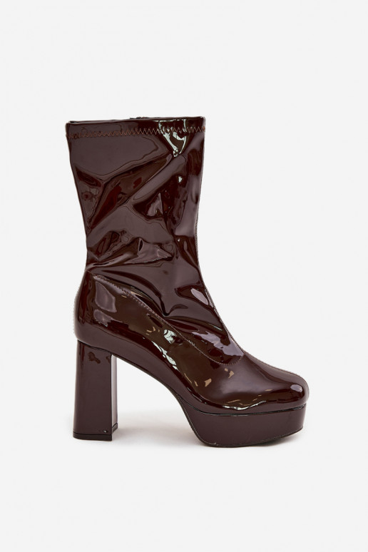 Lakuoti sieviešu zābaciņi ar platformu un biezajiem papēžiem šokolādes krāsā Calvessa