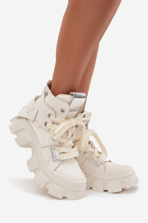 Ādas siltināti sporta stila zābaciņi GOE SS2N4055 baltā krāsā