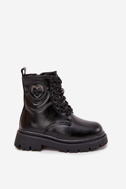 Bērnu siltināti zābaciņi ar vilnu iekšpusē un LOVE ornamentiem, melnā krāsā, Rosaira