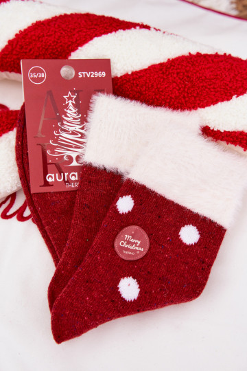 Zeķes  Christmas ar kažokādu I Kropkami Wełna  sarkanas krāsas 2