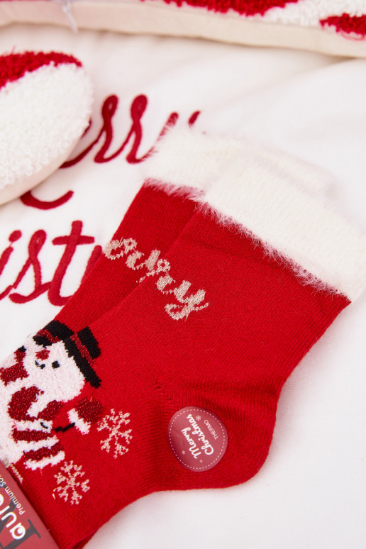 Ziemassvētku zeķes Bērnu apavi ar kažokādu I Bałwanem Wełna  sarkanas krāsas
