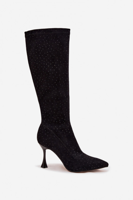 Sieviešu gari zābaki ar plāniem papēžiem un dekoru, D&A JC52-883, melnā krāsā