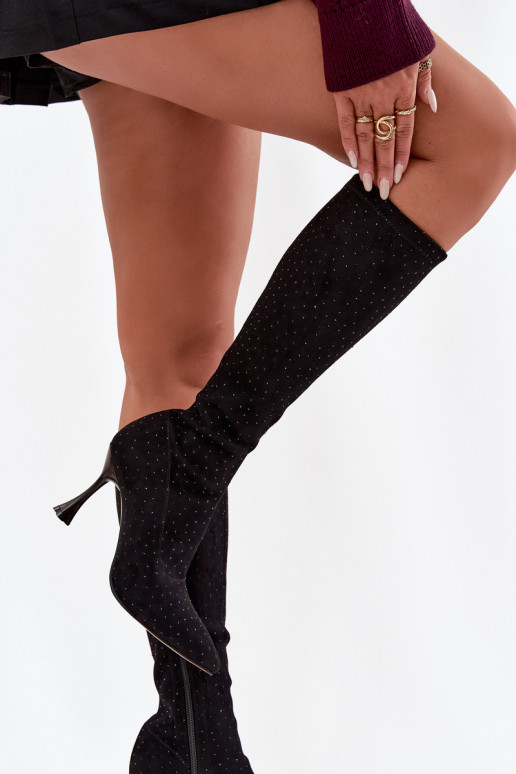 Sieviešu gari zābaki ar plāniem papēžiem un dekoru, D&A JC52-883, melnā krāsā