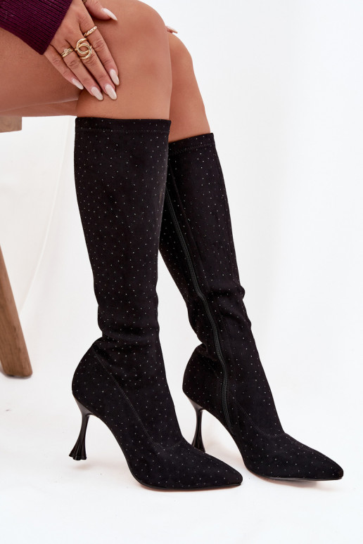 Sieviešu gari zābaki ar plāniem papēžiem un dekoru, D&A JC52-883, melnā krāsā